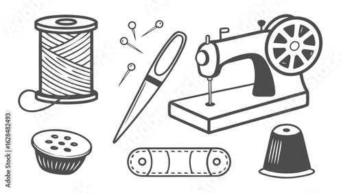 Illustration of sewing tools including a sewing machine, thread, needle, pins, and a thimble for crafts created with generated ai