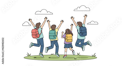 Joyful students with backpacks jumping happily in a grassy field under a bright sky