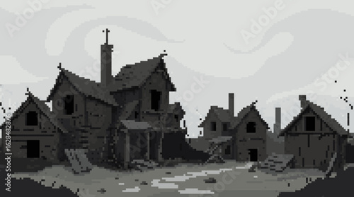 Desolate Village in Pixelated Grayscale