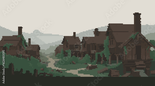 Abandoned Village Surrounded by Lush Greenery