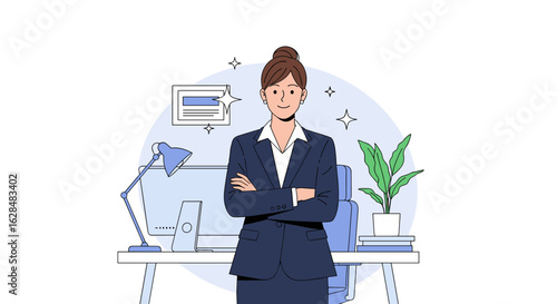 Confident businesswoman standing with arms crossed in an office environment showing professionalism and determination