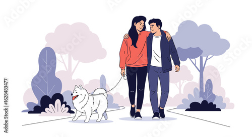 A loving couple enjoys a leisurely stroll with their fluffy white dog through a beautiful park surrounded by lush trees and plants on a pleasant day