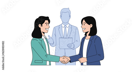 Business partnership agreement meeting between two professionals with mediator in the background discussion