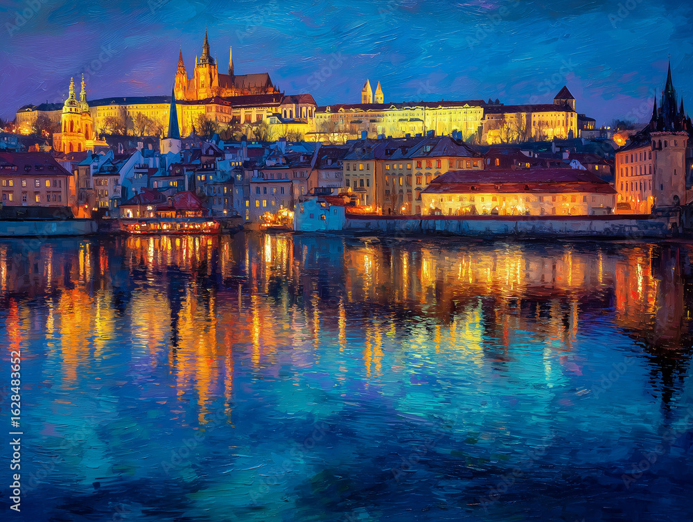 Fototapeta premium Vltava River reflection with twilight city lights