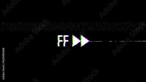 Retro fast forward VHS tape overlay with distorted signal glitch on black background. 4k animated video.