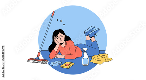 Woman feels exhausted after difficult home cleaning chores a long day of household work is over