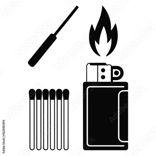 Silhouettes of fire-starting tools including ferro rod, lighter, waterproof matches, and tinder in black and white