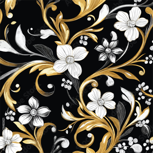 Elegant Black Gold White Floral Pattern