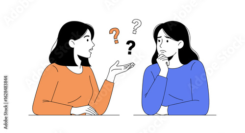Two women having a conversation with question marks in the air illustrating confusion or a thought-provoking discussion