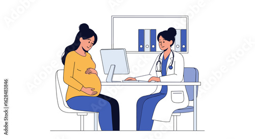 Pregnant woman consulting with a female doctor about her health and baby development during a medical examination