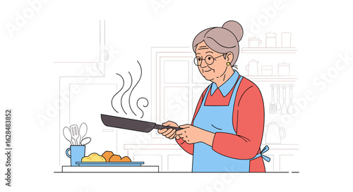 Elderly woman in apron cooking delicious food on frying pan with steam in cozy kitchen