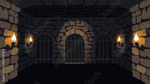 Dark Dungeon with Doorways and Flickering Torches