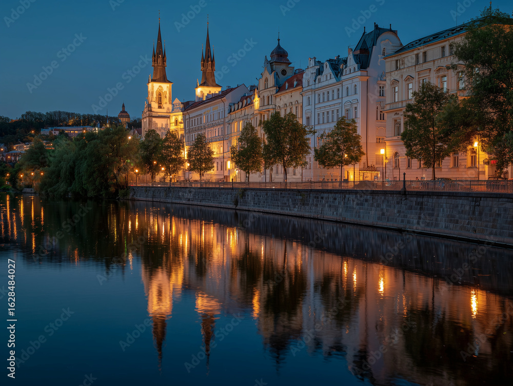 Fototapeta premium Vltava River reflection with twilight city lights