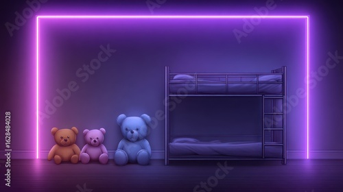 Neon-lit kid's room with bunk bed and teddy bears