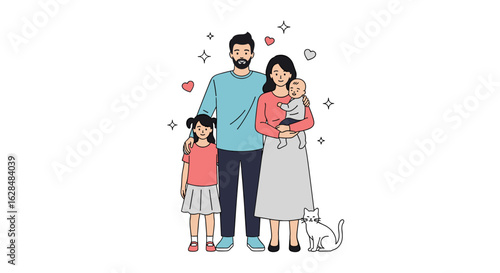 A happy family portrait with two children a baby and a pet cat illustration