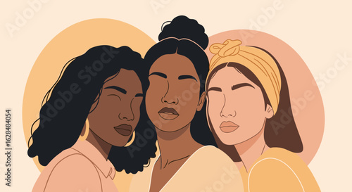 Diverse group of women celebrating sisterhood and unity with abstract background and warm color palette representing friendship and empowerment