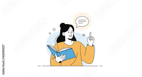 Woman holding open book thinking with speech bubble above head pointing finger upward indicating idea and learning concept