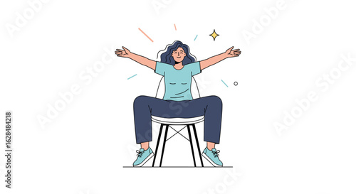 A joyful person sitting comfortably on a chair with arms wide open expressing happiness and excitement