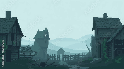 Abandoned Village in a Misty Landscape