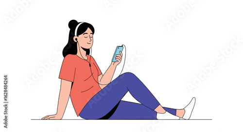 A person enjoys music through earphones while relaxing with a smartphone illustration