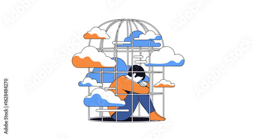 Illustration of a person trapped in a cage surrounded by clouds representing mental health challenges and isolation