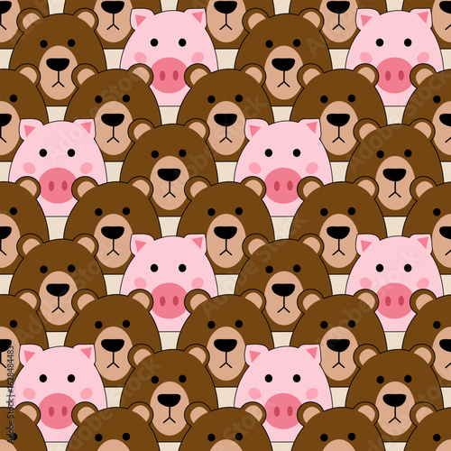 Cute bear and pig pattern, white isolate background