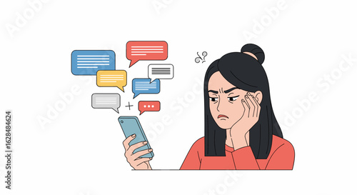 Young woman frustrated by constant text messages and notifications on her phone screen