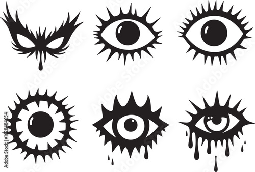 Spiky eyes and mask graphic elements capture attention