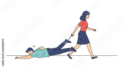 Woman pulling man on ground with rope attached to his ankle relationship struggle