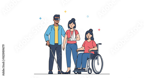 Diverse group representing accessibility and inclusion with different needs and abilities