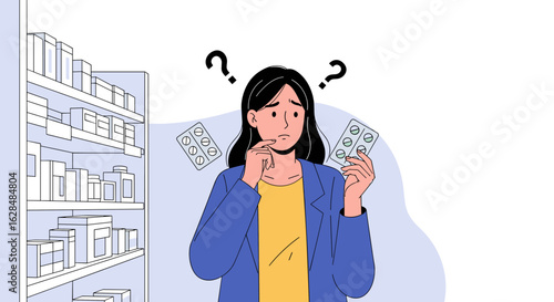 Confused woman choosing between two medicine packs in pharmacy aisle with shelves of products behind her
