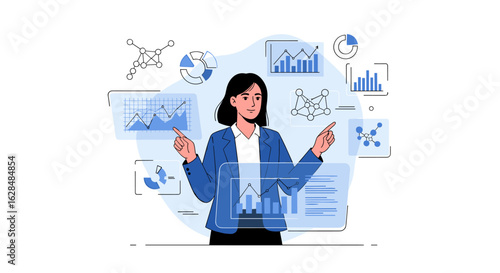 Business analyst interpreting data trends and financial performance with digital charts and graphs