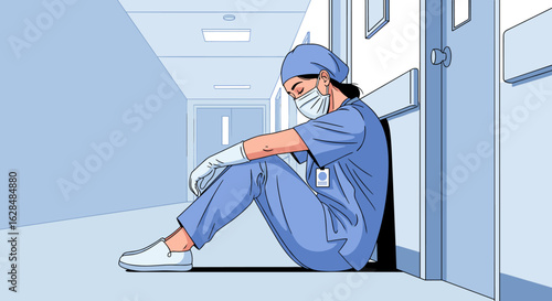Healthcare professionals facing exhaustion mental health crisis during difficult times caring for patients in hospital corridor