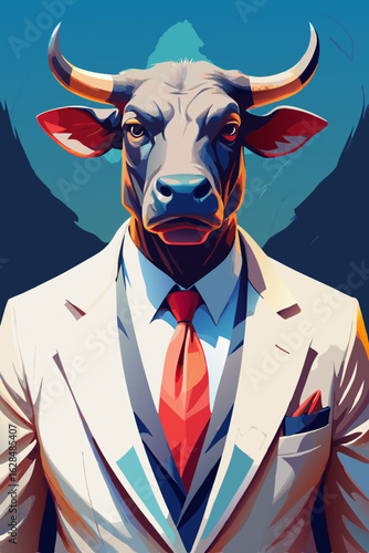 Elegant Bull Wearing White Suit – Minimal & Stylish Character Portrait