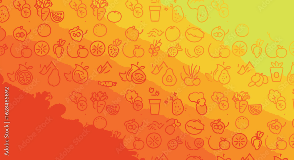 Abstract background featuring line art icons of various fruits, vegetables, and healthy drinks on a gradient of orange, yellow, and red. Abstract background featuring line art icons of various fruits, vegetables, and healthy drinks on a gradient of orange, yellow, and red.