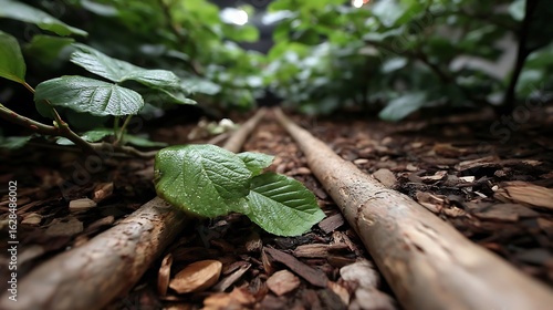 the low angle shot presents a ground level view of a planted area. two parallel wooden sticks run towards the background, bordered by dark mulch