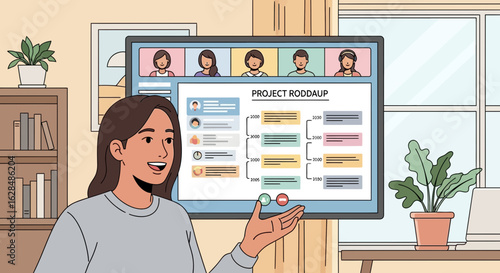 Woman Presenting Project Roddaup During Virtual Meeting From Home Office
