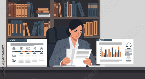 Female Lawyer Analyzes Case Data With Statistics And Legal Scales Symbols