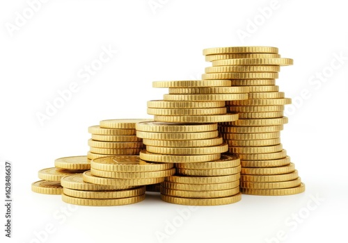 A tall column of gleaming golden coins represents financial growth, savings, and investment