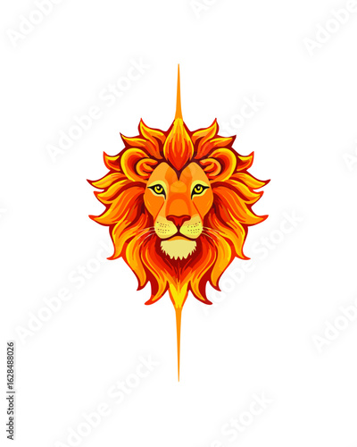male lion's face, majestic, regal illustration, vibrant, bold, fiery colors 