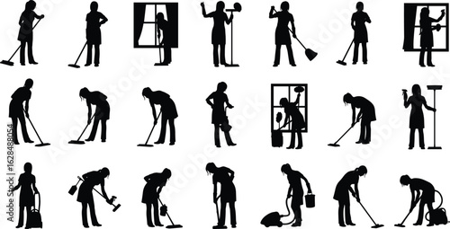 Silhouette cleaning team, housekeeping tools, vacuuming, mopping, dusting, window washing, domestic chores, home maintenance, cleaning service, hygiene, janitorial work, sanitation, maid service