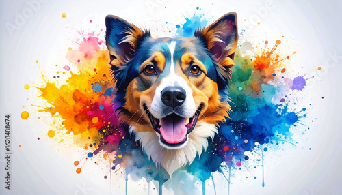 Beautiful colorful waterpainting of a dog on a white wallpaper design