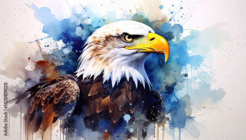 Beautiful and colorful watercolor splash painting of a huge eagle