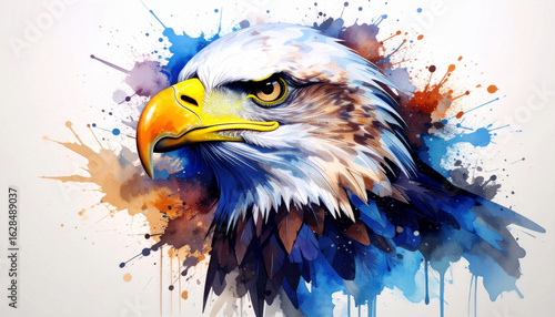 Beautiful and colorful watercolor splash painting of a huge eagle