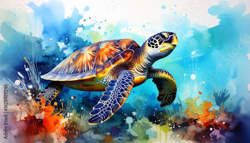 Beautiful and colorful watercolor splash painting of a sea turtle swimming in the ocean