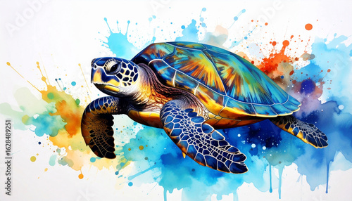 Beautiful and colorful watercolor splash painting of a sea turtle swimming in the ocean