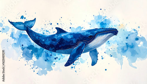 Beautiful and colorful watercolor splash painting of a blue whale swimming around