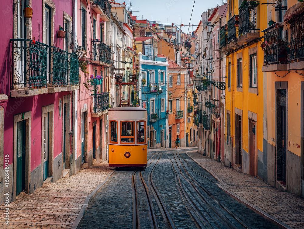Obraz premium Lisbon tram on steep street with colorful buildings