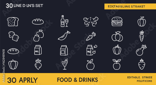 Minimalist food and drink line icon set. Thin stroke vector symbols for grocery, restaurant, and nutrition themes.