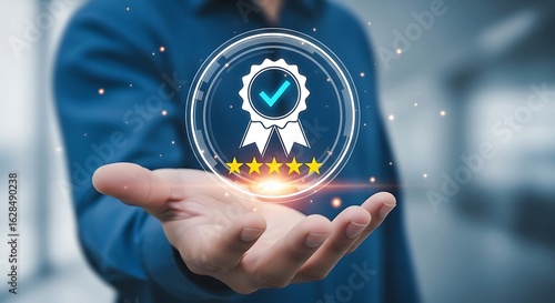 Person holding a glowing digital award badge with five stars and a checkmark signifying excellence and customer satisfaction